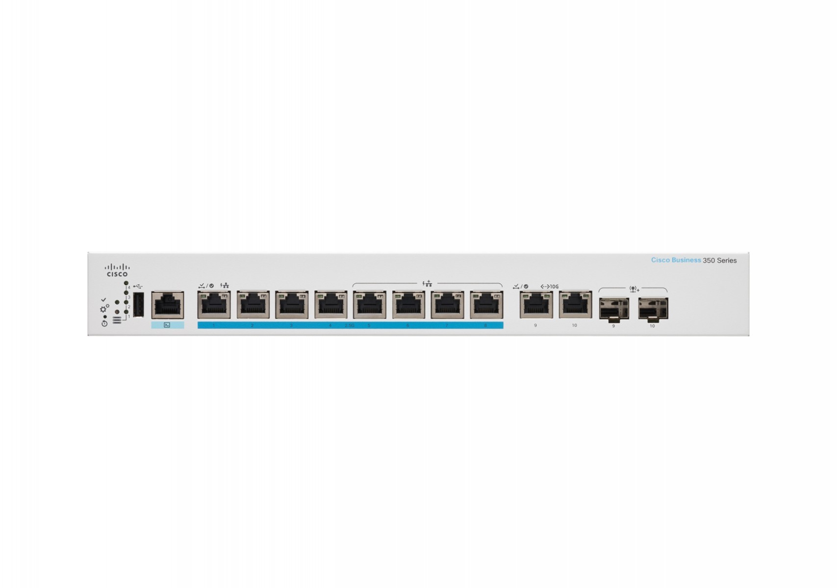 Cisco Business 350 8-port 2.5G Multigigabit PoE+ managed switch, 2x 10G combo uplinks (UK power cord) — view 2