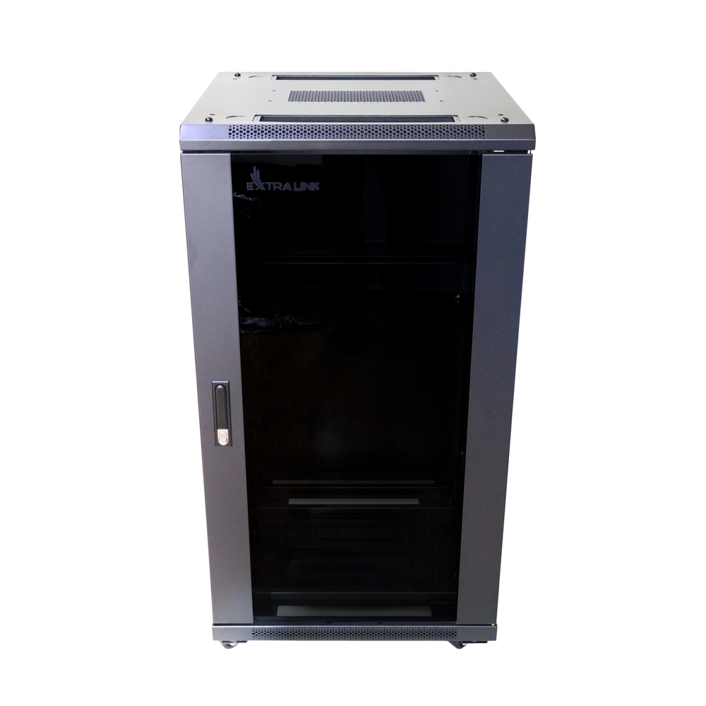 Extralink 22U 600 mm × 800 mm floor-standing rack cabinet, glass door, black — view 2