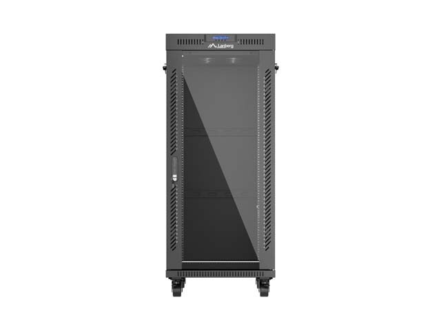 Lanberg FF01 27U 19" free-standing rack cabinet, 600 × 800 mm, glass door, LCD thermostat panel, black — view 2