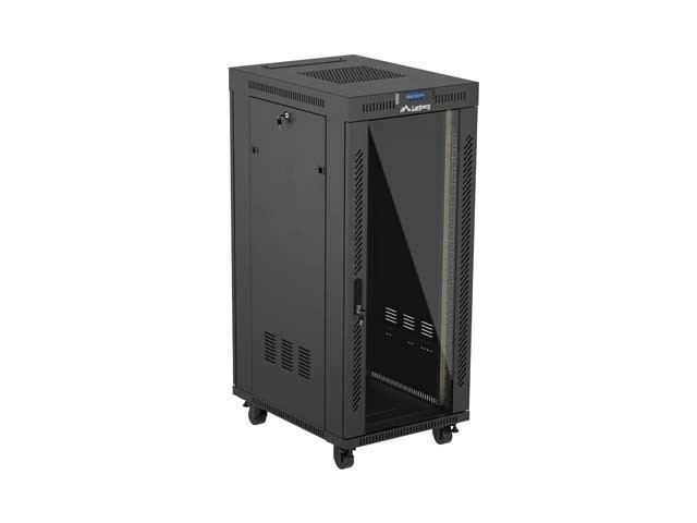 Lanberg FF01 27U 19" free-standing rack cabinet, 600 × 800 mm, glass door, LCD thermostat panel, black — view 3