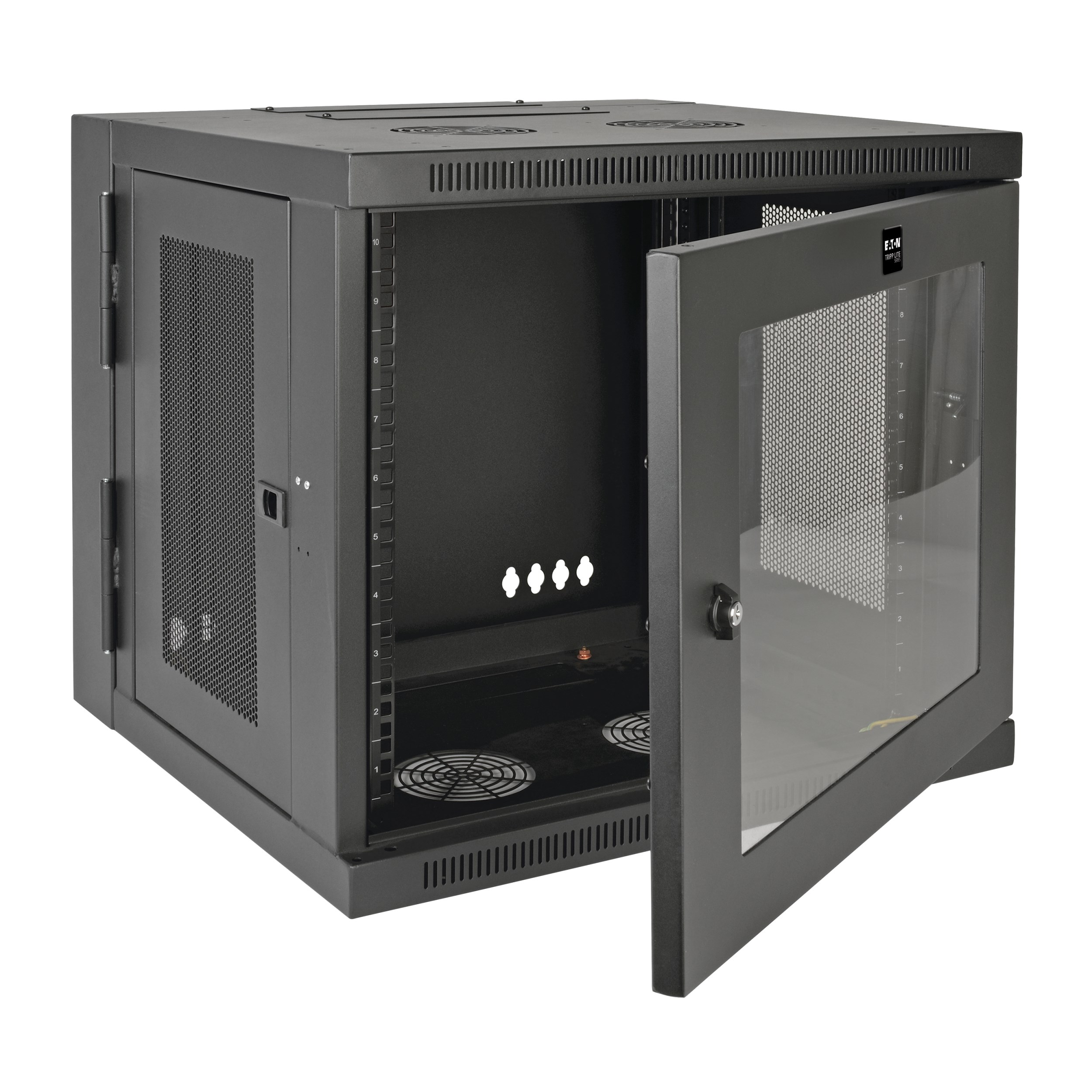 Eaton Tripp Lite Series SmartRack 10U Low-Profile Switch-Depth Wall-Mount Small Rack Enclosure, Clear Acrylic Window, Hinged Back, 600 mm × 599 mm, black — view 2