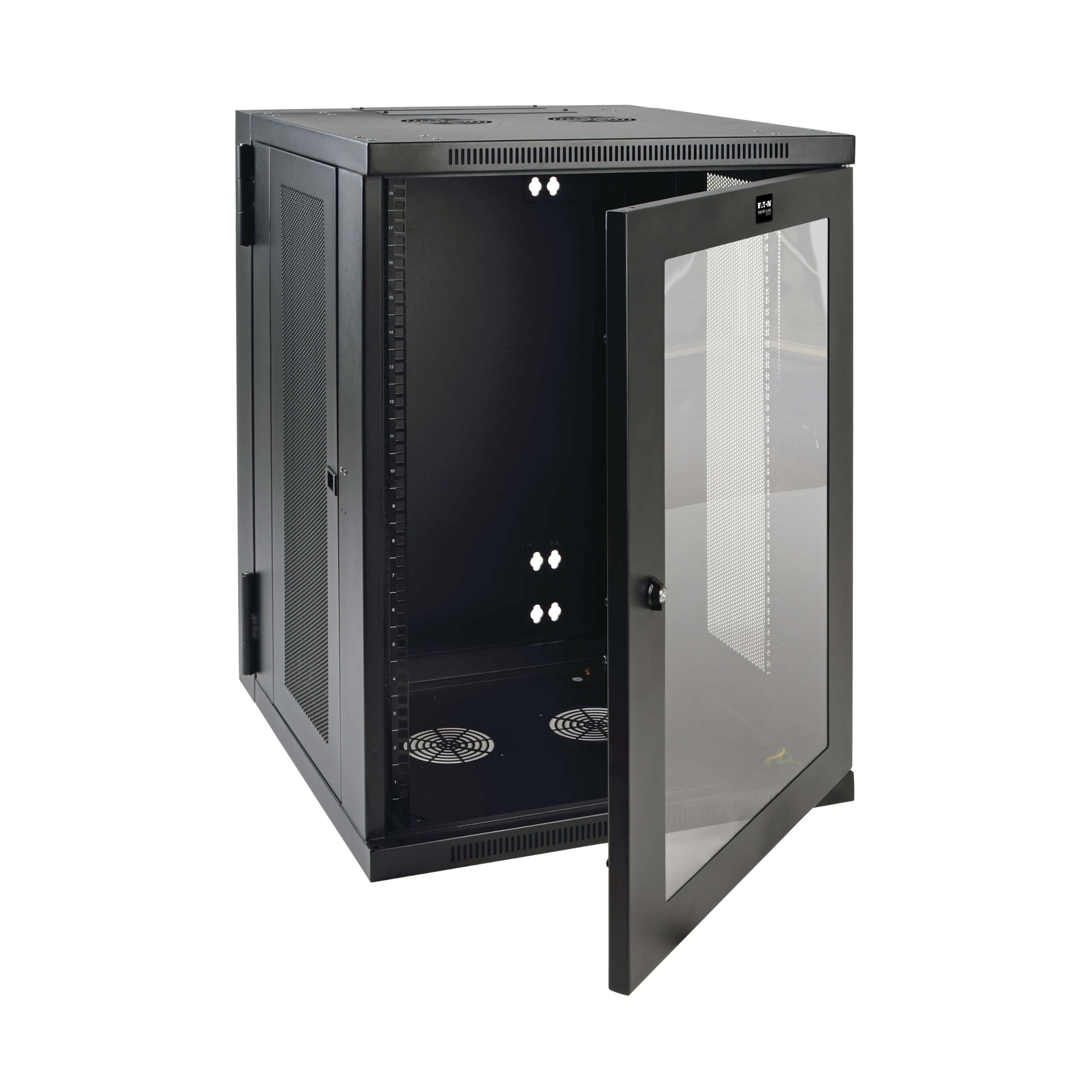 Eaton Tripp Lite Series SmartRack 18U Low-Profile Switch-Depth Wall-Mount Half-Height Rack Enclosure, Clear Acrylic Window, Hinged Back, 600 mm × 549 mm, black — view 2