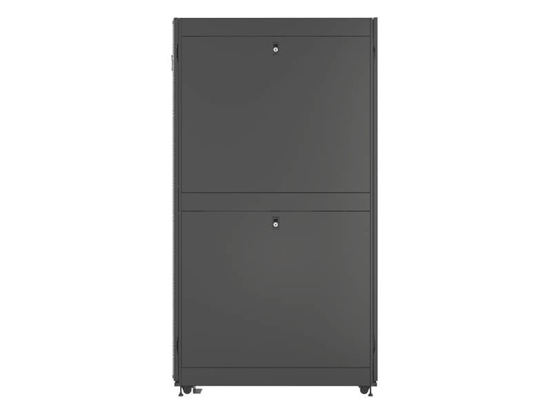 Vertiv VR Rack VR3307SP 48U 600 mm × 1200 mm server rack, with doors and side panels, black, shock packaging — view 2