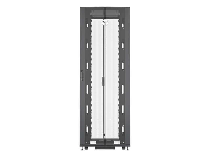 Vertiv VR Rack VR3357SP 48U 800 mm × 1200 mm networking rack, with doors and side panels, black, shock packaging — view 2